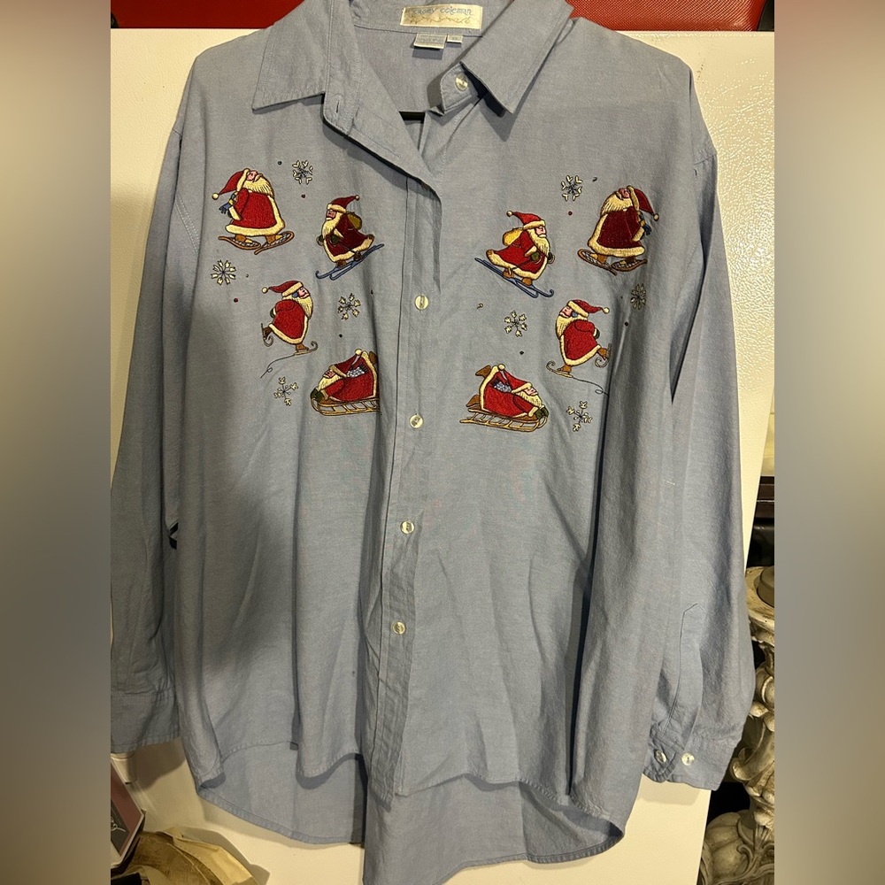 Casey Coleman Top Womens XL Blue Christmas Embroidered Santa